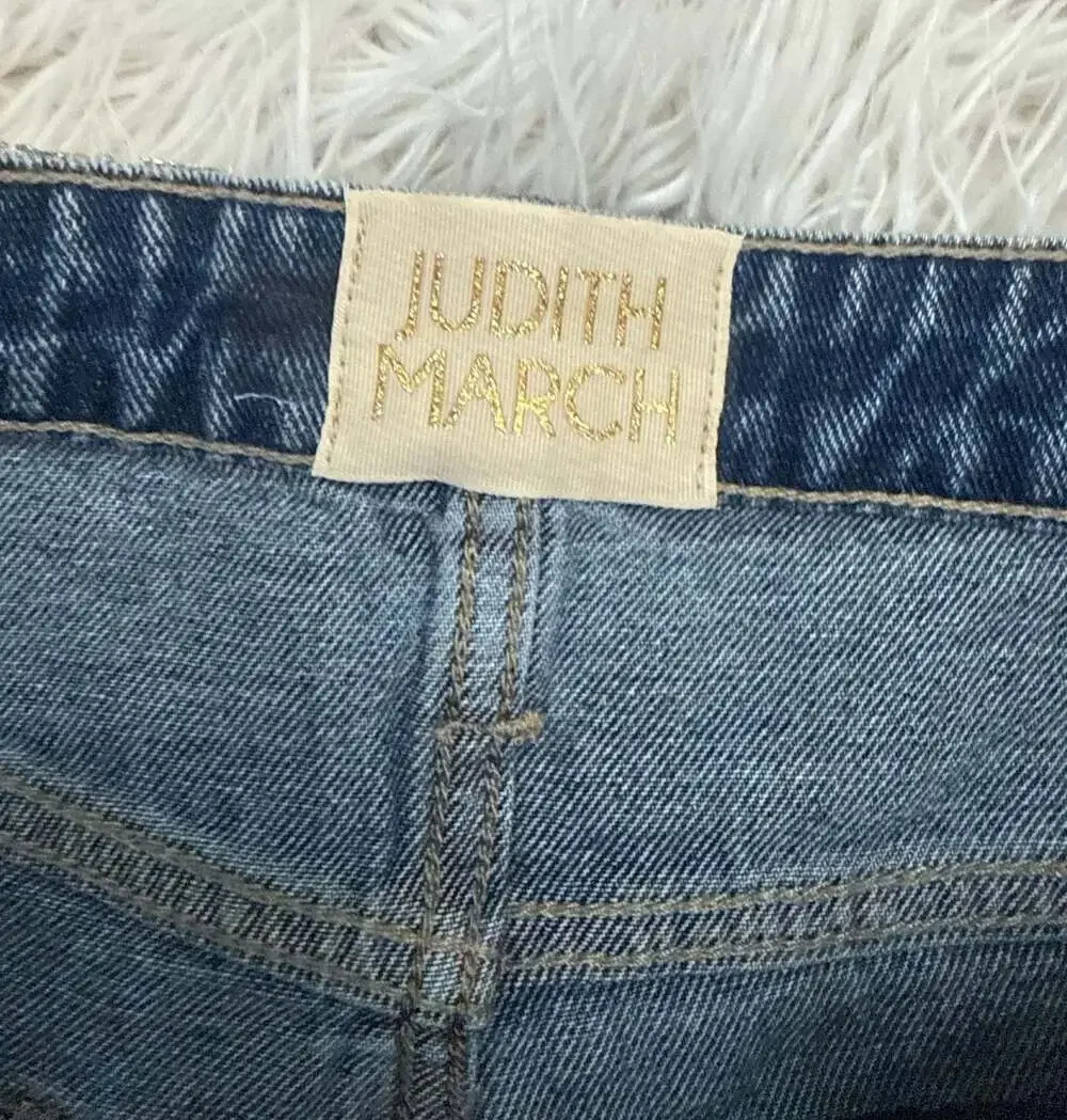 Judith March 5/27 Denim Shorts with Gold Paint and Green Sequins